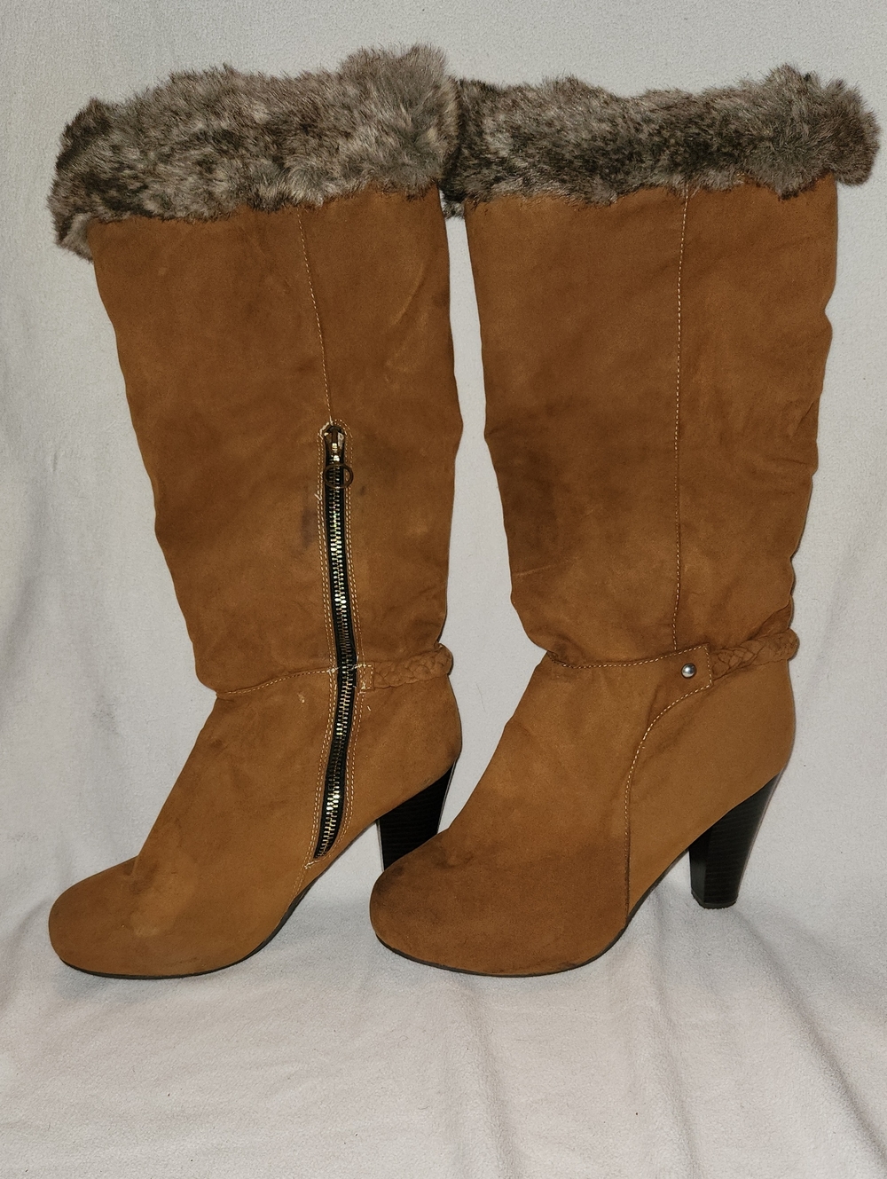 Women’s Tall Faux-Fur Trim Suede Boots - Tan